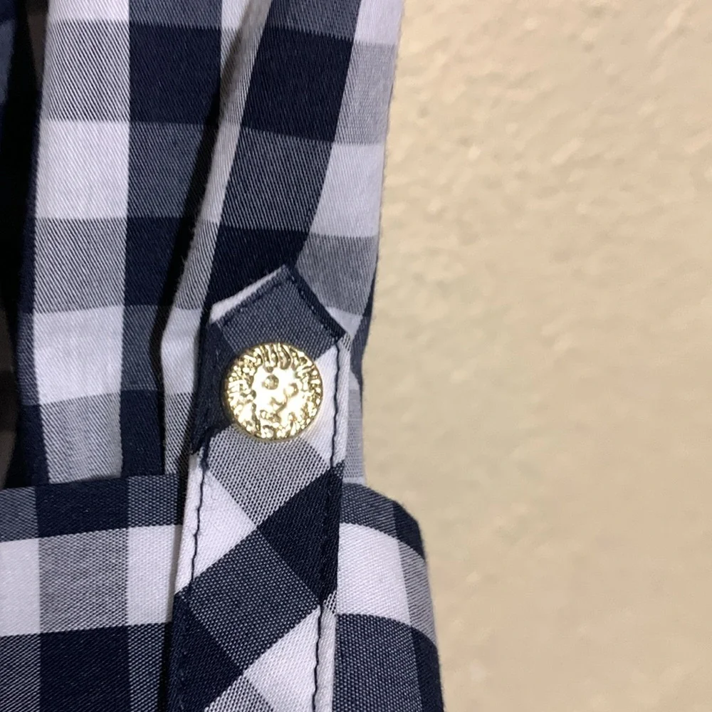Anne Klein Navy and White Top Gingham Plaid Front Buttons 3/4 Sleeve Cotton - Picture 16 of 16